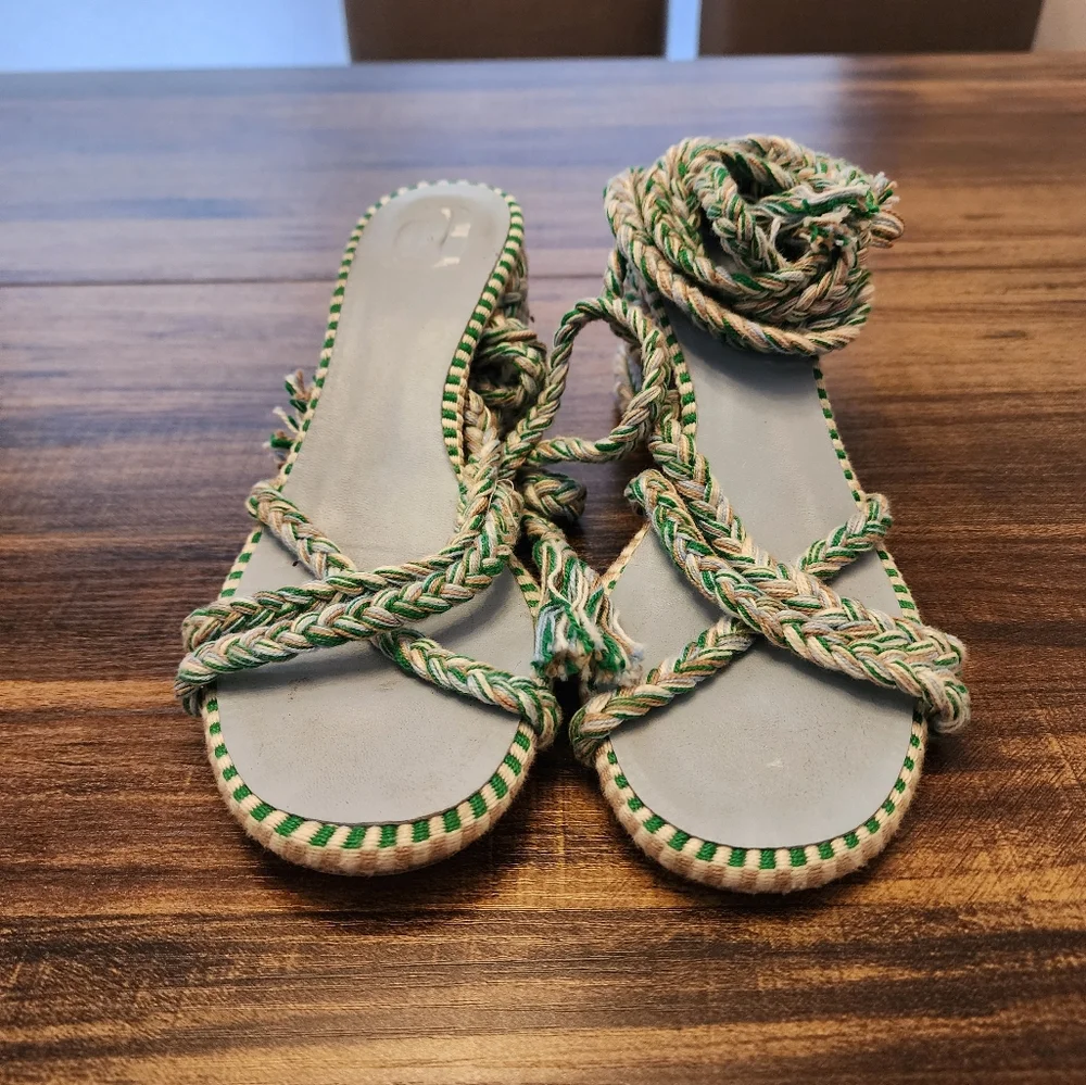 Anthropologie AMAMBAIH Isabel Braided Heel Sandals Green 37 6.5 - Picture 4 of 7